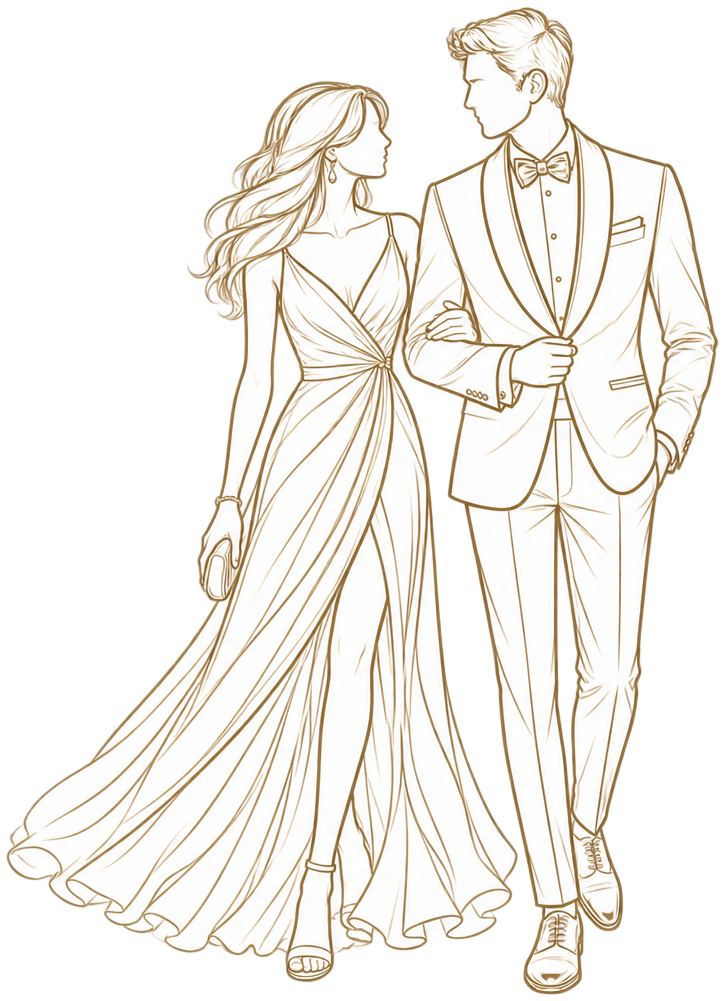 Ilustración de una pareja vestida de formal, black tie